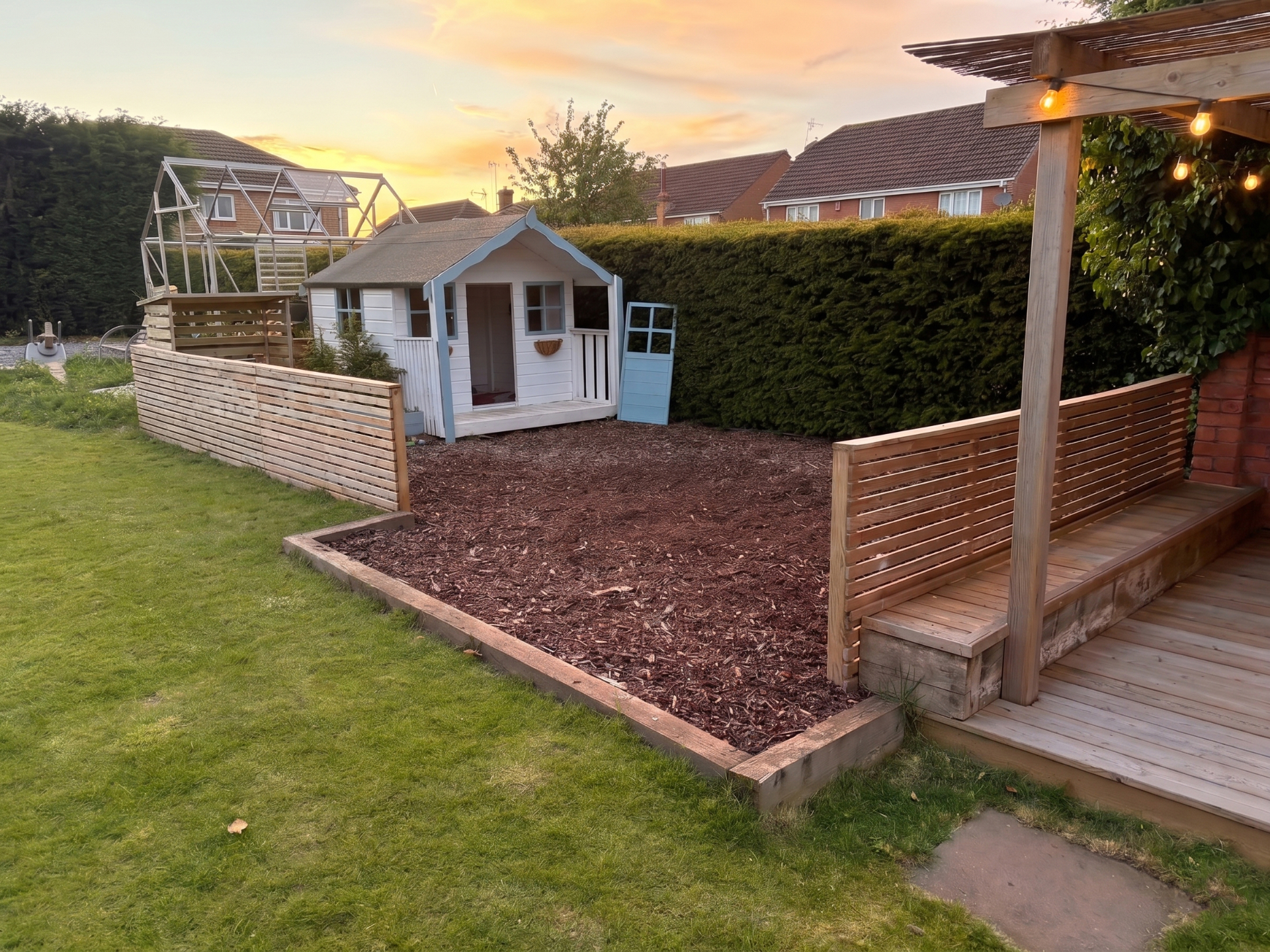 Children's garden playhouse and fenced area